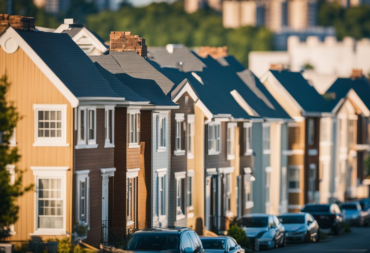 A row of sturdy, well-maintained rental properties stands tall amidst a backdrop of a declining market, symbolizing stability and resilience in the face of economic downturns